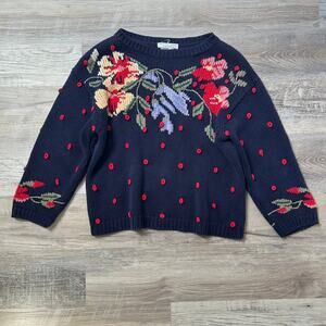 Vintage Jennifer Reed Floral Sweater M Navy Red Embroidered Cottagecore 90s